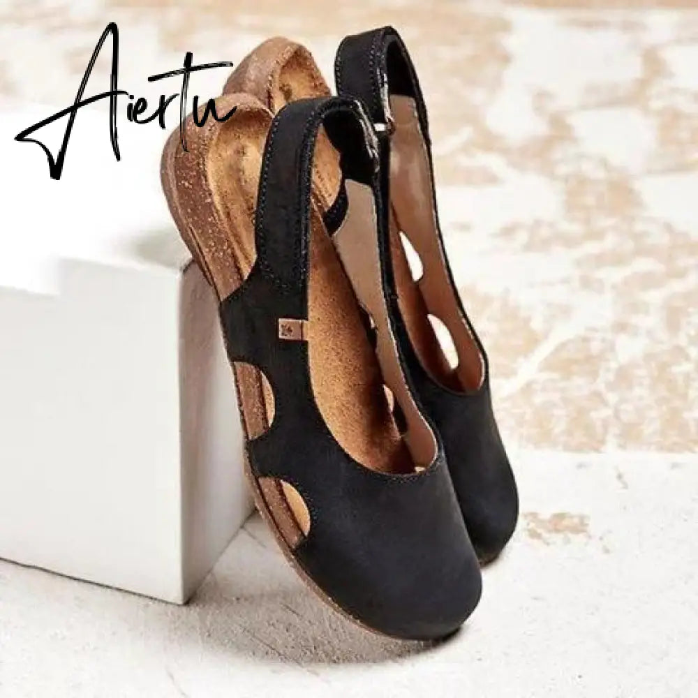 Summer Women Sandals Wedges New Fashion Casual Buckle Hot Gladiator Non-Slip Sandals Retro Flock Party Office Ladies Shoes Aiertu