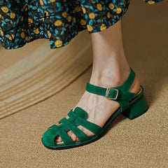 Summer Women Shoes Round Toe Women Sandals Casual Suede Shoes for Women Roman Heels Green Genuine Leather Mid Heels Aiertu