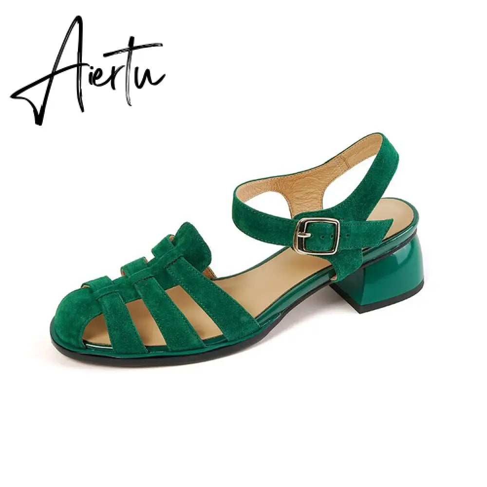 Summer Women Shoes Round Toe Women Sandals Casual Suede Shoes for Women Roman Heels Green Genuine Leather Mid Heels Aiertu