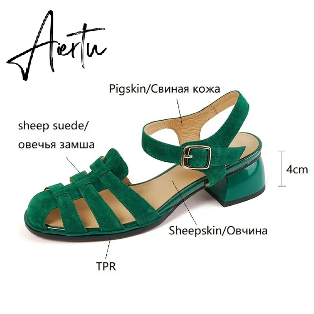 Summer Women Shoes Round Toe Women Sandals Casual Suede Shoes for Women Roman Heels Green Genuine Leather Mid Heels Aiertu