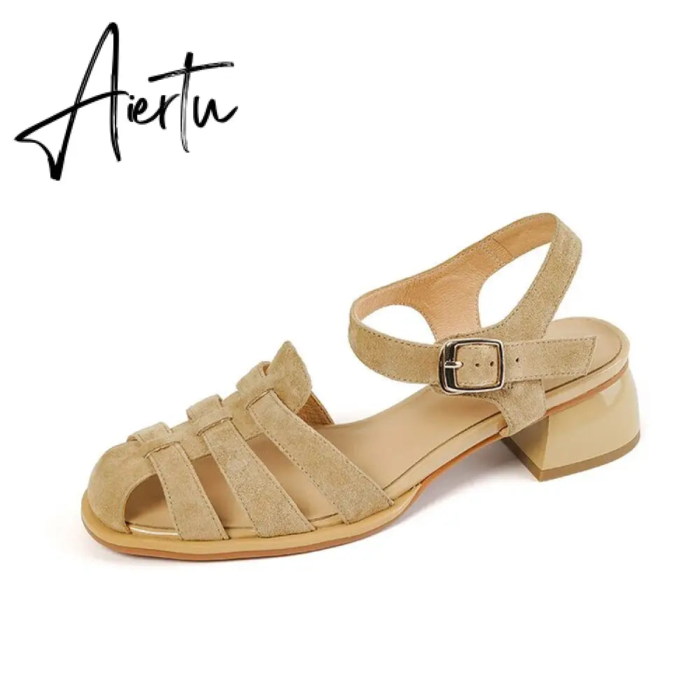 Summer Women Shoes Round Toe Women Sandals Casual Suede Shoes for Women Roman Heels Green Genuine Leather Mid Heels Aiertu