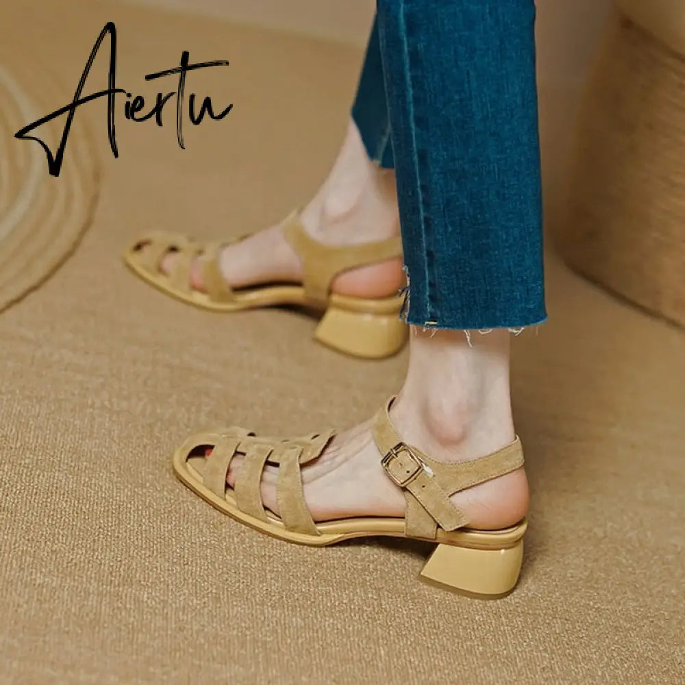 Summer Women Shoes Round Toe Women Sandals Casual Suede Shoes for Women Roman Heels Green Genuine Leather Mid Heels Aiertu