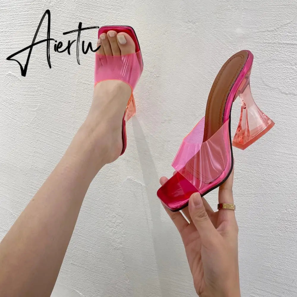 Summer Women Slippers Fashion Sexy Square Head PVC Transparent  Heel High Heels Temperament Party Shoes Aiertu