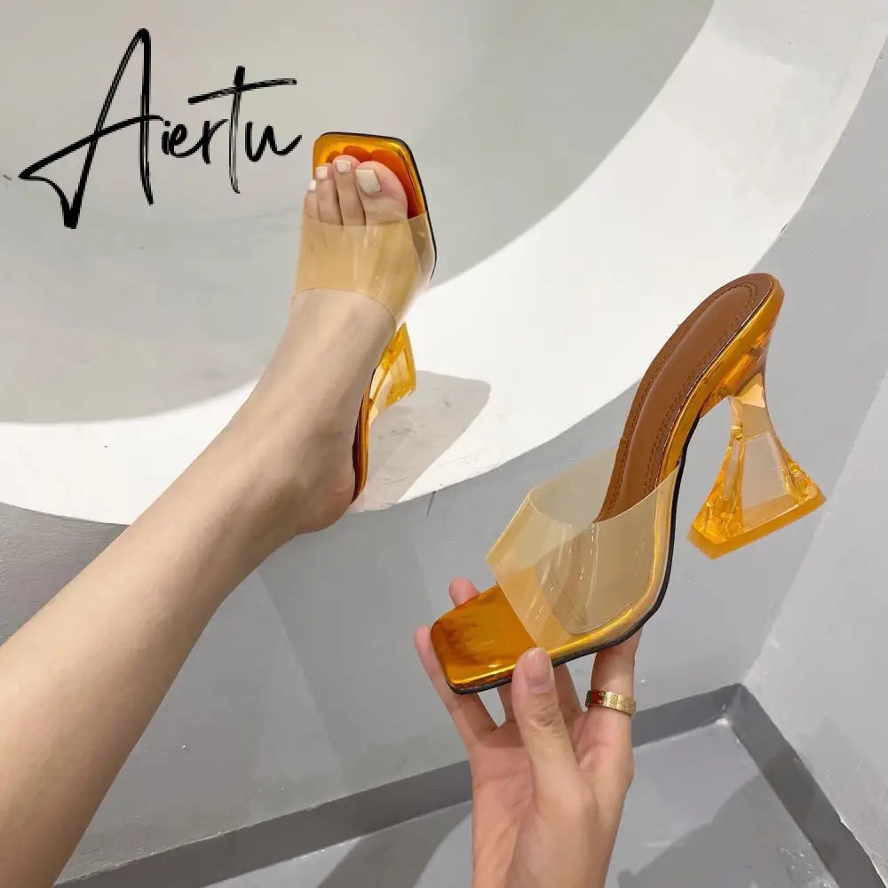Summer Women Slippers Fashion Sexy Square Head PVC Transparent  Heel High Heels Temperament Party Shoes Aiertu
