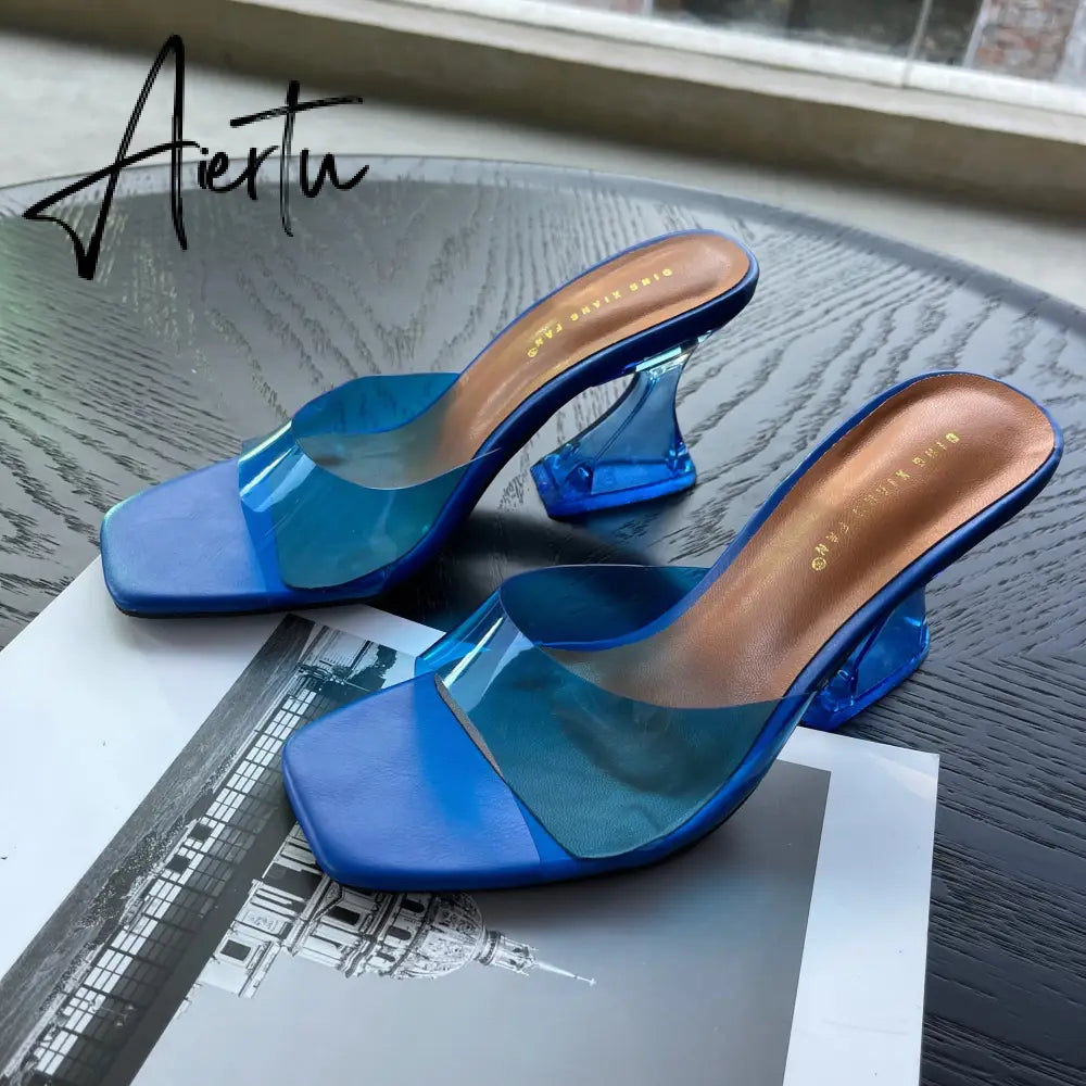 Summer Women Slippers Fashion Sexy Square Head PVC Transparent  Heel High Heels Temperament Party Shoes Aiertu