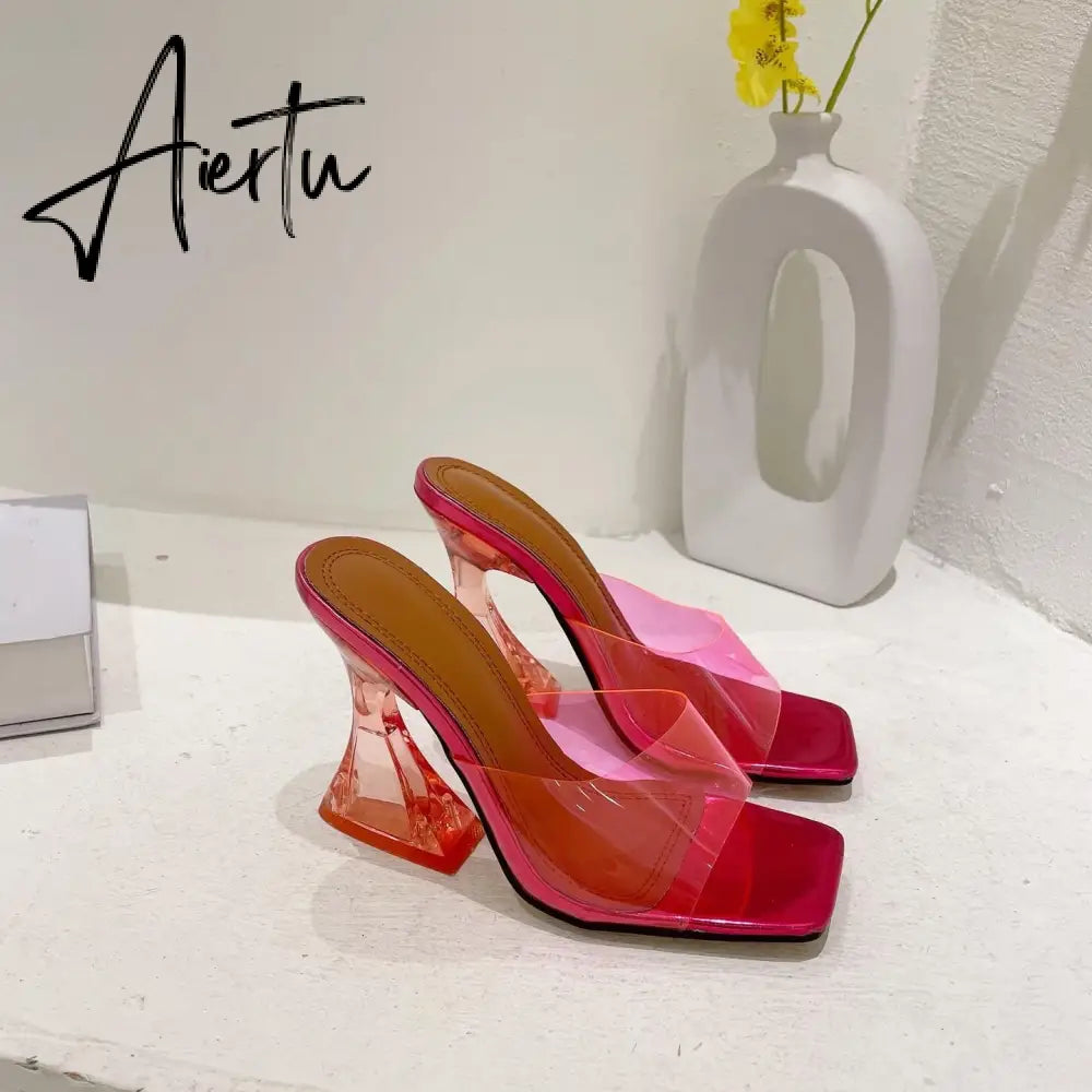 Summer Women Slippers Fashion Sexy Square Head PVC Transparent  Heel High Heels Temperament Party Shoes Aiertu