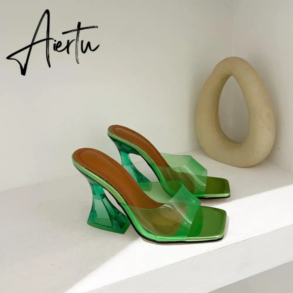 Summer Women Slippers Fashion Sexy Square Head PVC Transparent  Heel High Heels Temperament Party Shoes Aiertu