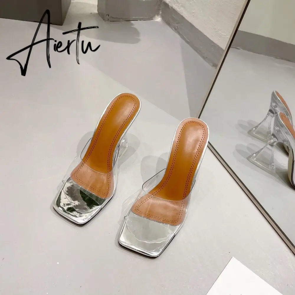 Summer Women Slippers Fashion Sexy Square Head PVC Transparent  Heel High Heels Temperament Party Shoes Aiertu