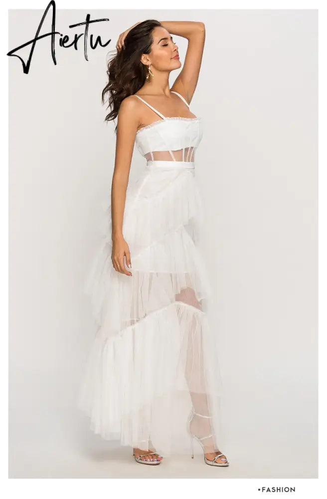 Summer Women'S Dresses One-line Neck Suspender Sleeveless Solid Color Dress Sexy Open Back Mesh White Cake Long Dress Aiertu