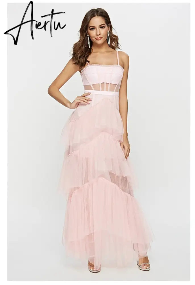 Summer Women'S Dresses One-line Neck Suspender Sleeveless Solid Color Dress Sexy Open Back Mesh White Cake Long Dress Aiertu