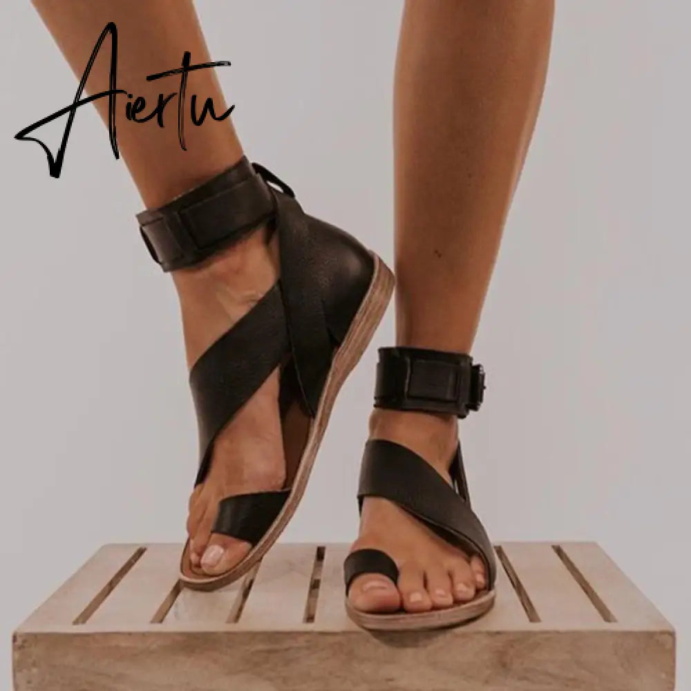 Summer Women's Shoes Fashion Casual Roman Style Flat Sandals Female Open-Toe Shoes Sandals Ladies Low Hills Beach Slippers Aiertu