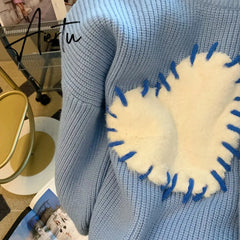 Sweaters for Women O-Neck Loose Heart Chic Pullovers Simple Knitted Autumn Winter Long Sleeve Blue Vintage Jumpers Aiertu