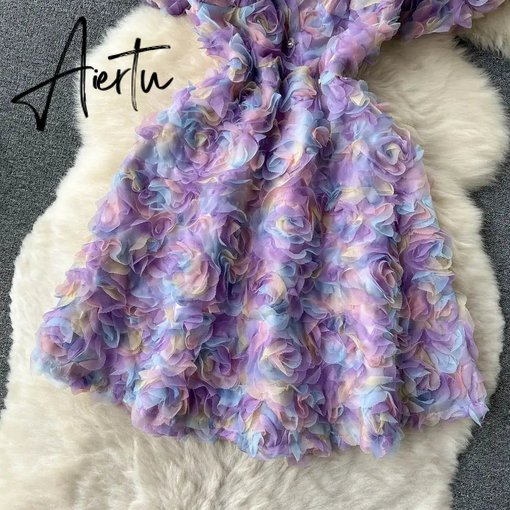 Sweet 3d Floral Short Sleeve Dress For Women Summer Streetwear Square Neck Mini Dress Lady Cute Floral Party Holiday Aiertu