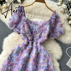 Sweet 3d Floral Short Sleeve Dress For Women Summer Streetwear Square Neck Mini Dress Lady Cute Floral Party Holiday Aiertu
