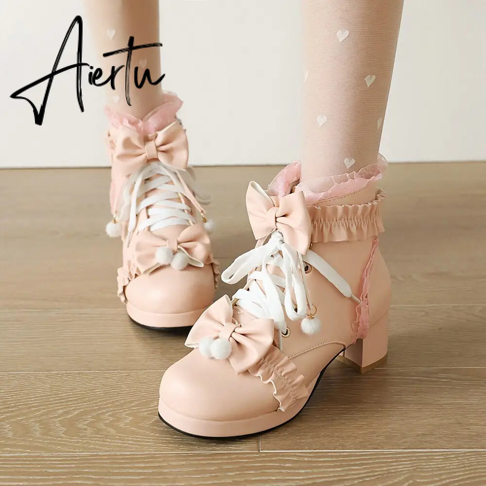 Sweet Bowknot Ruffles Med Heels Shoelace Gothic Lolita Style Ankle Boots Japanese Harajuku Women Shoes Big Size 43 Aiertu