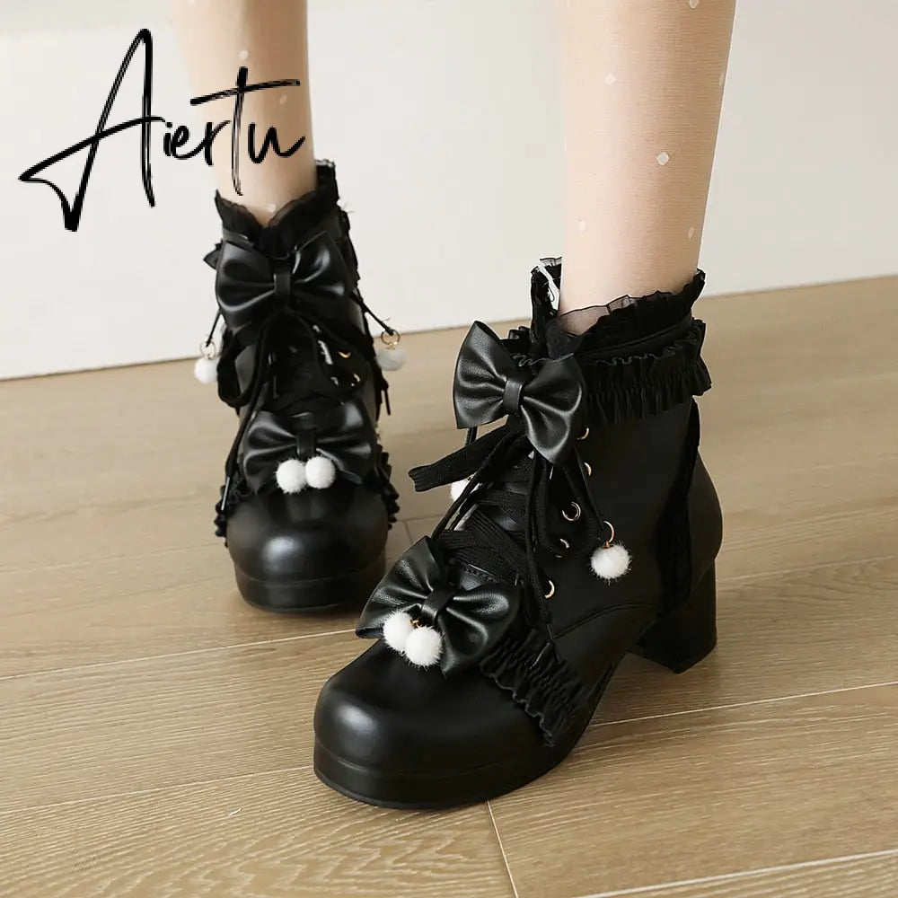 Sweet Bowknot Ruffles Med Heels Shoelace Gothic Lolita Style Ankle Boots Japanese Harajuku Women Shoes Big Size 43 Aiertu