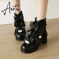 Sweet Bowknot Ruffles Med Heels Shoelace Gothic Lolita Style Ankle Boots Japanese Harajuku Women Shoes Big Size 43 Aiertu