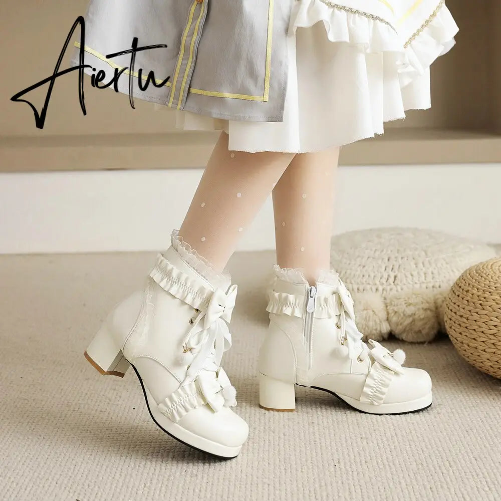 Sweet Bowknot Ruffles Med Heels Shoelace Gothic Lolita Style Ankle Boots Japanese Harajuku Women Shoes Big Size 43 Aiertu