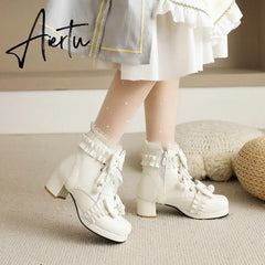 Sweet Bowknot Ruffles Med Heels Shoelace Gothic Lolita Style Ankle Boots Japanese Harajuku Women Shoes Big Size 43 Aiertu