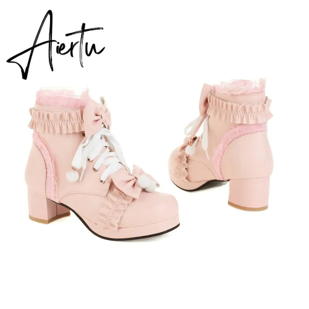 Sweet Bowknot Ruffles Med Heels Shoelace Gothic Lolita Style Ankle Boots Japanese Harajuku Women Shoes Big Size 43 Aiertu
