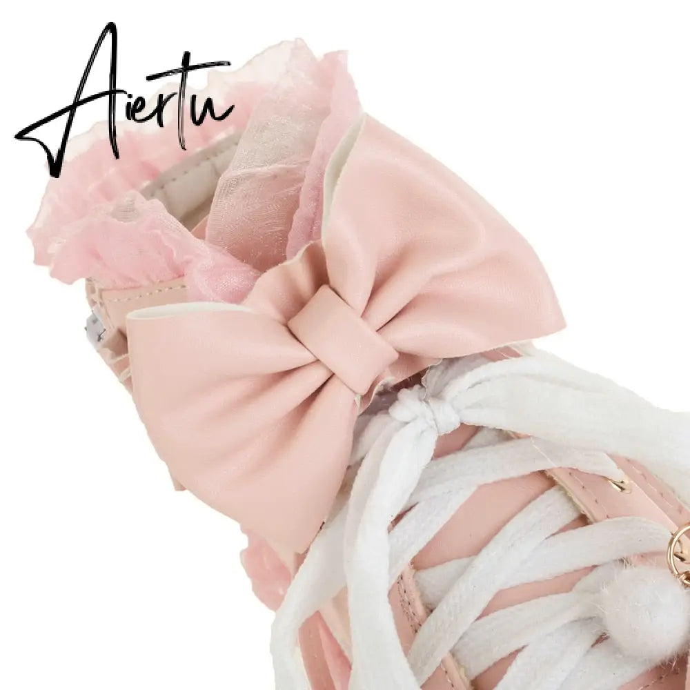 Sweet Bowknot Ruffles Med Heels Shoelace Gothic Lolita Style Ankle Boots Japanese Harajuku Women Shoes Big Size 43 Aiertu
