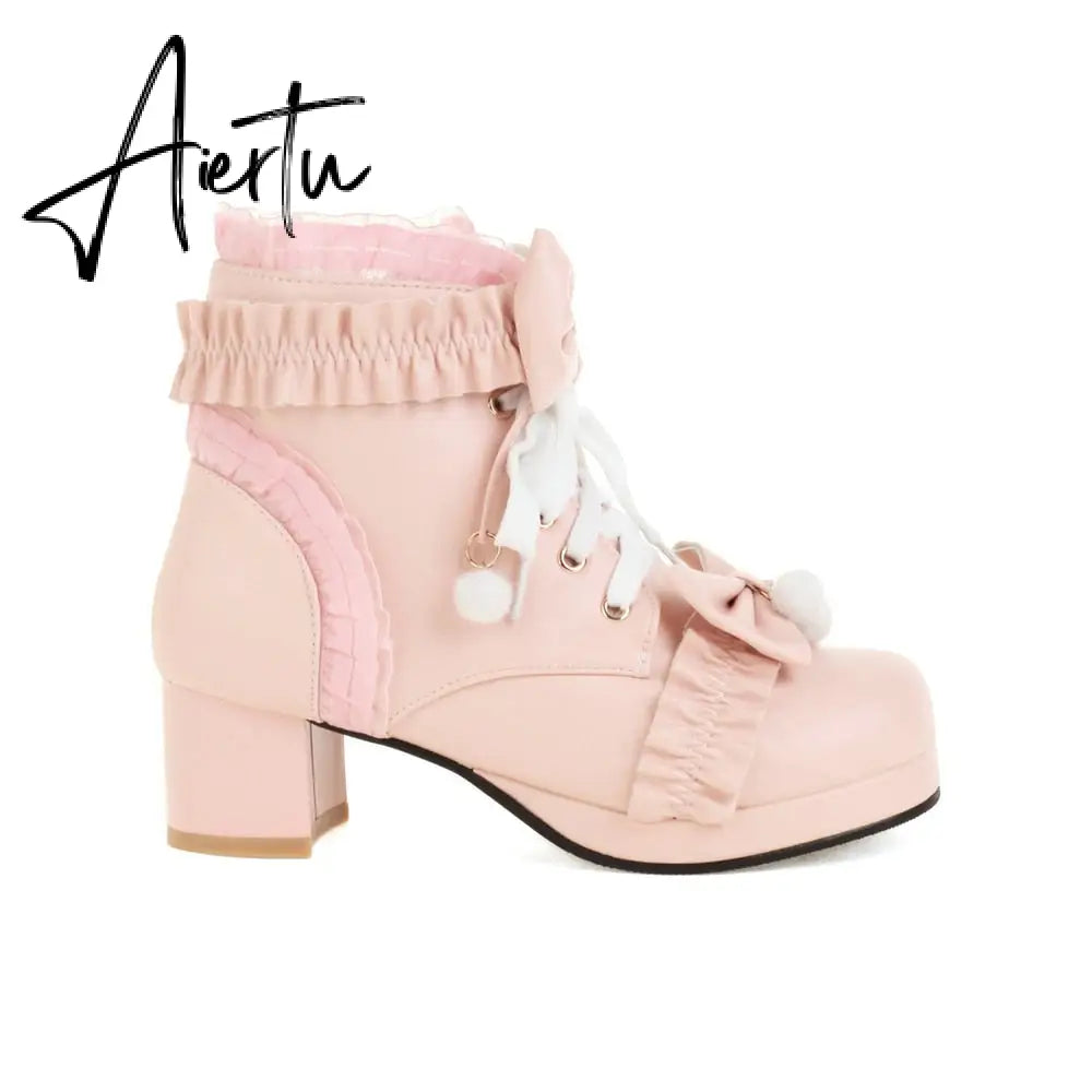 Sweet Bowknot Ruffles Med Heels Shoelace Gothic Lolita Style Ankle Boots Japanese Harajuku Women Shoes Big Size 43 Aiertu