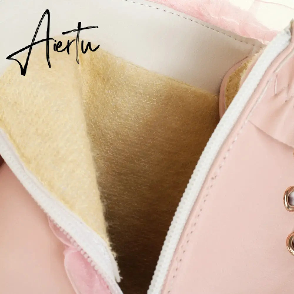 Sweet Bowknot Ruffles Med Heels Shoelace Gothic Lolita Style Ankle Boots Japanese Harajuku Women Shoes Big Size 43 Aiertu