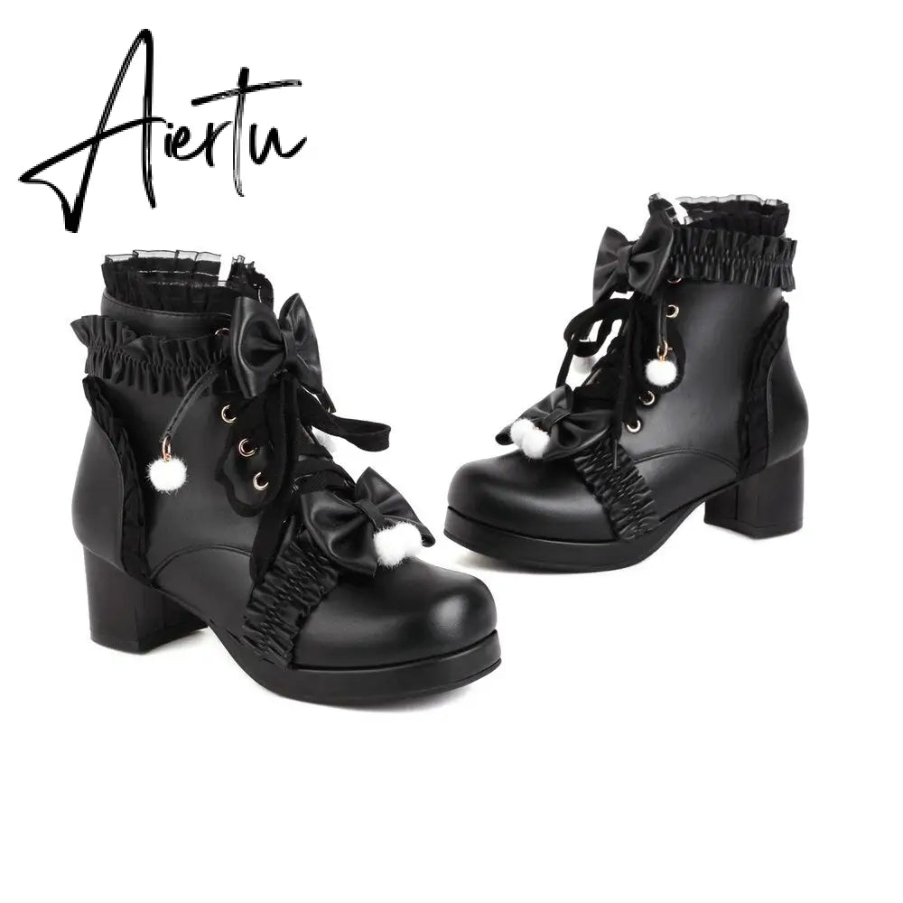 Sweet Bowknot Ruffles Med Heels Shoelace Gothic Lolita Style Ankle Boots Japanese Harajuku Women Shoes Big Size 43 Aiertu