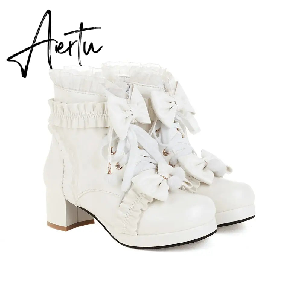 Sweet Bowknot Ruffles Med Heels Shoelace Gothic Lolita Style Ankle Boots Japanese Harajuku Women Shoes Big Size 43 Aiertu