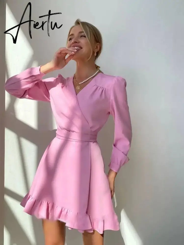 Sweet Ruffles A Line Robe Dress Party Bandage Long Sleeve High Waist Slim Fashion Mini White Dress Summer New Arrivals Aiertu