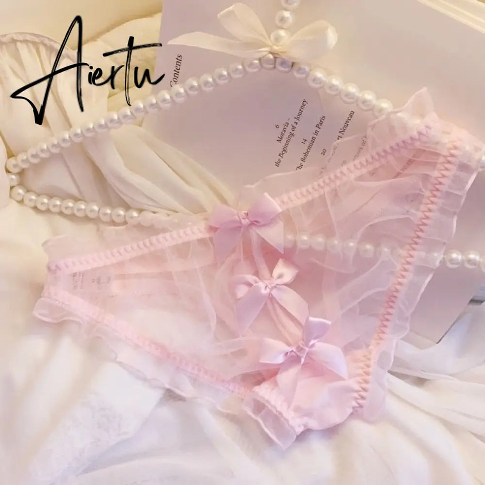 Sweet Underwear Lolita Style Japanese Sexy Transparent Bow Seamless Thong Panties For Women Girls See Through Panty Cute Thing Aiertu