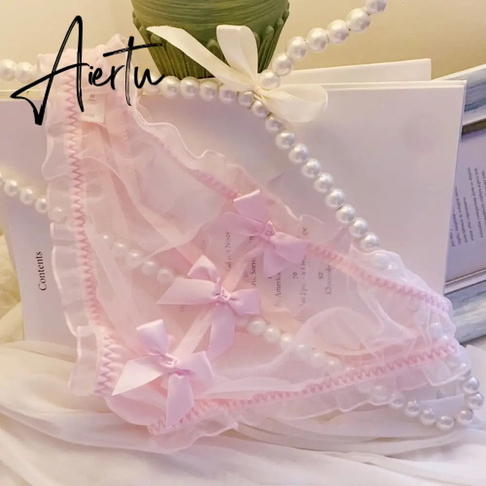 Sweet Underwear Lolita Style Japanese Sexy Transparent Bow Seamless Thong Panties For Women Girls See Through Panty Cute Thing Aiertu