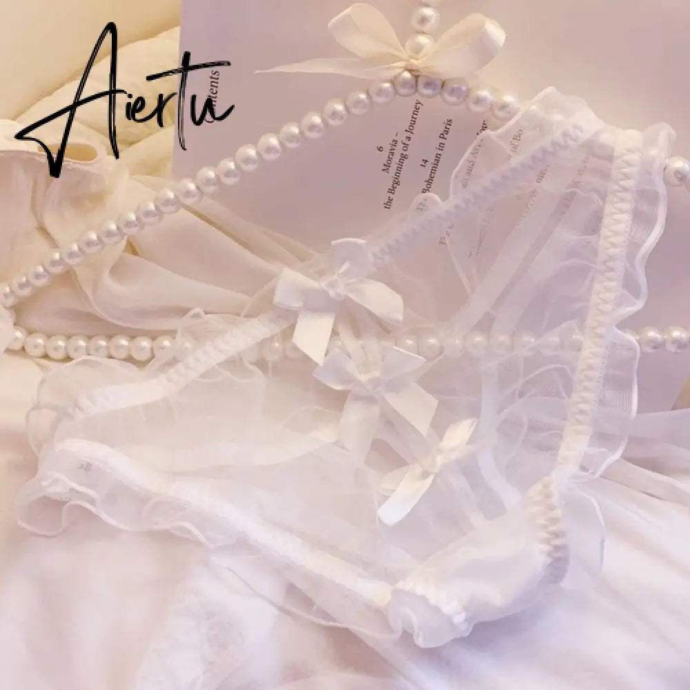 Sweet Underwear Lolita Style Japanese Sexy Transparent Bow Seamless Thong Panties For Women Girls See Through Panty Cute Thing Aiertu