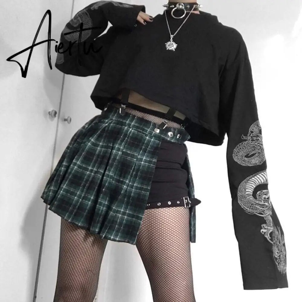 Sweetown Autumn Crop Sweatshirt Dragon Print Long Sleeve Korean Fashion Pullover Black Casual Gothic Streetwear Sweatshirts Aiertu