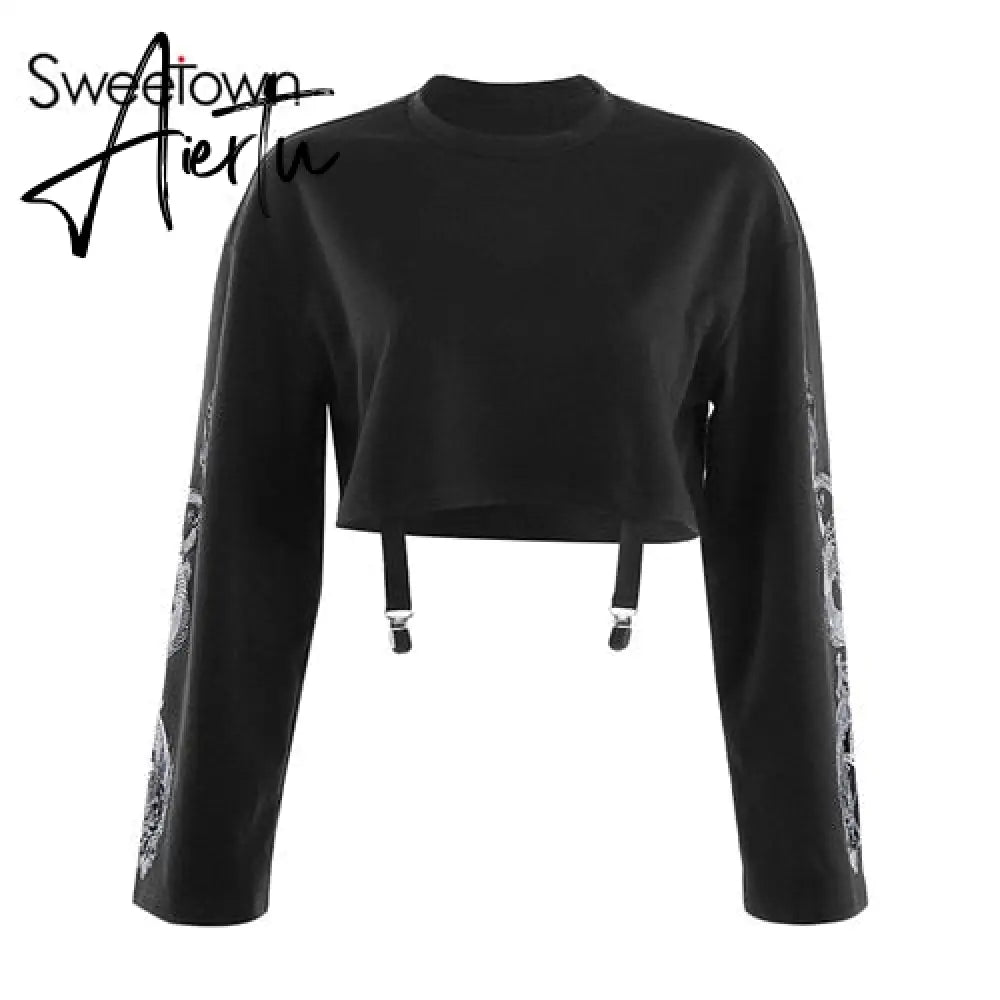 Sweetown Autumn Crop Sweatshirt Dragon Print Long Sleeve Korean Fashion Pullover Black Casual Gothic Streetwear Sweatshirts Aiertu