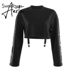 Sweetown Autumn Crop Sweatshirt Dragon Print Long Sleeve Korean Fashion Pullover Black Casual Gothic Streetwear Sweatshirts Aiertu