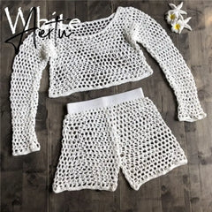 Swimsuit Female Bikini Crochet Beach Split Swimsuit Fishnet Hollow Out Mesh Bikini Cover Up Long Sleeve Beachwear Aiertu