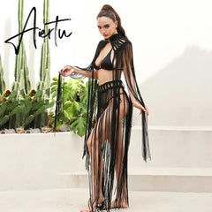 Tassel Hand Crochet Knitted Women Bikini Cover Ups 2023 Summer Holiday Beach Bathing Suit Sexy Hollow Out Skirts Matching Set Aiertu