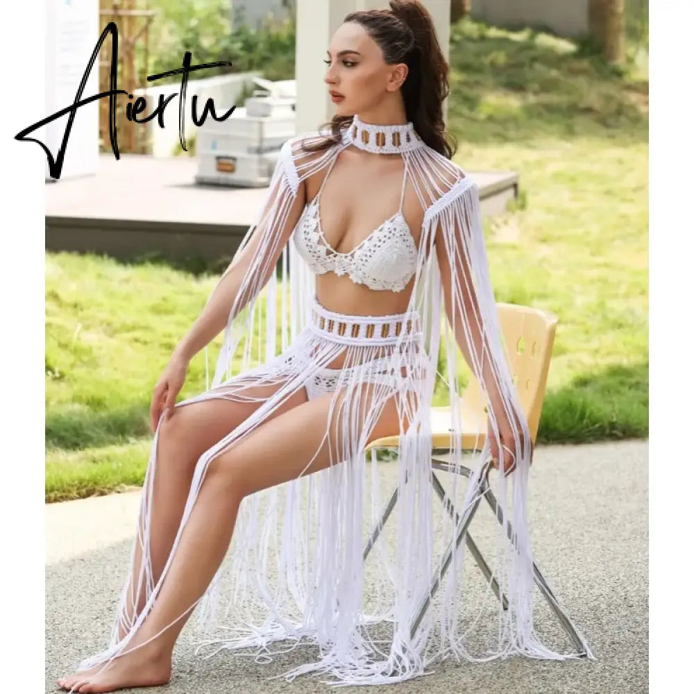 Tassel Hand Crochet Knitted Women Bikini Cover Ups 2023 Summer Holiday Beach Bathing Suit Sexy Hollow Out Skirts Matching Set Aiertu