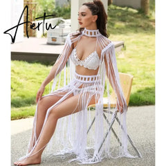 Tassel Hand Crochet Knitted Women Bikini Cover Ups 2023 Summer Holiday Beach Bathing Suit Sexy Hollow Out Skirts Matching Set Aiertu
