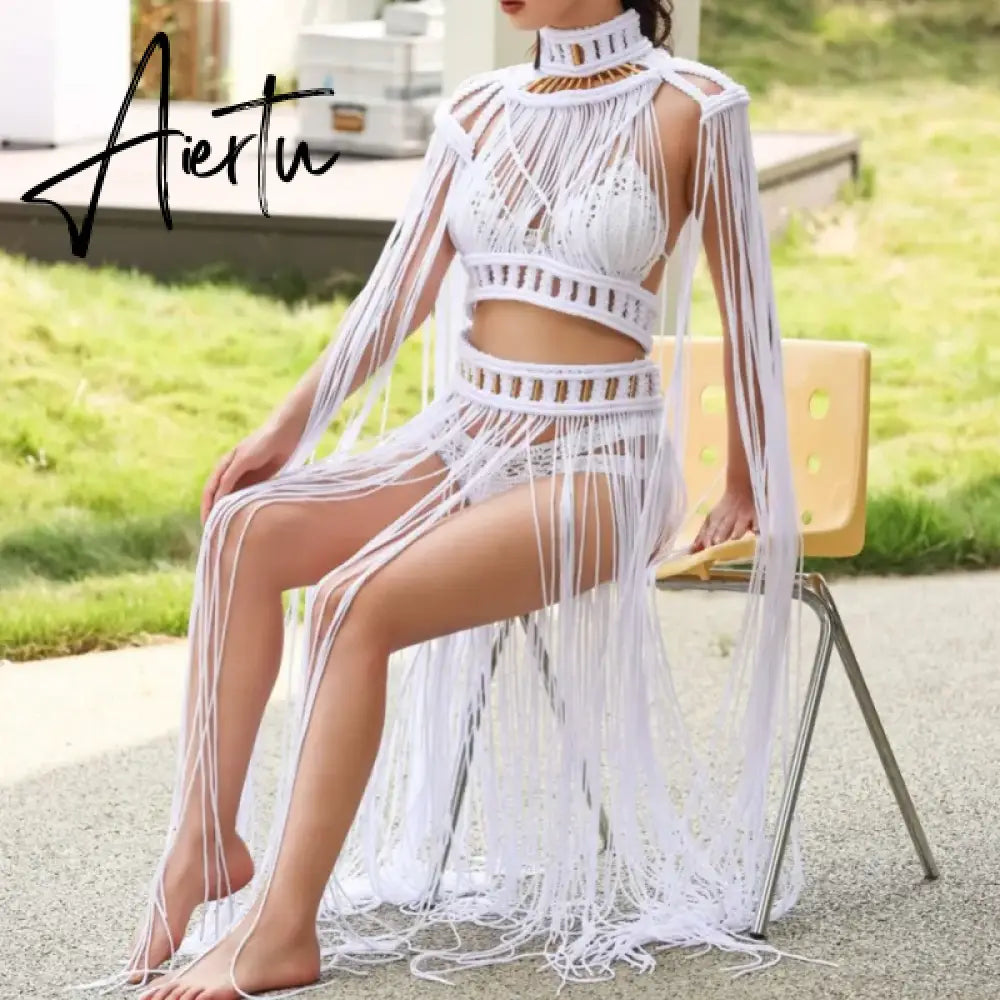Tassel Hand Crochet Knitted Women Bikini Cover Ups 2023 Summer Holiday Beach Bathing Suit Sexy Hollow Out Skirts Matching Set Aiertu