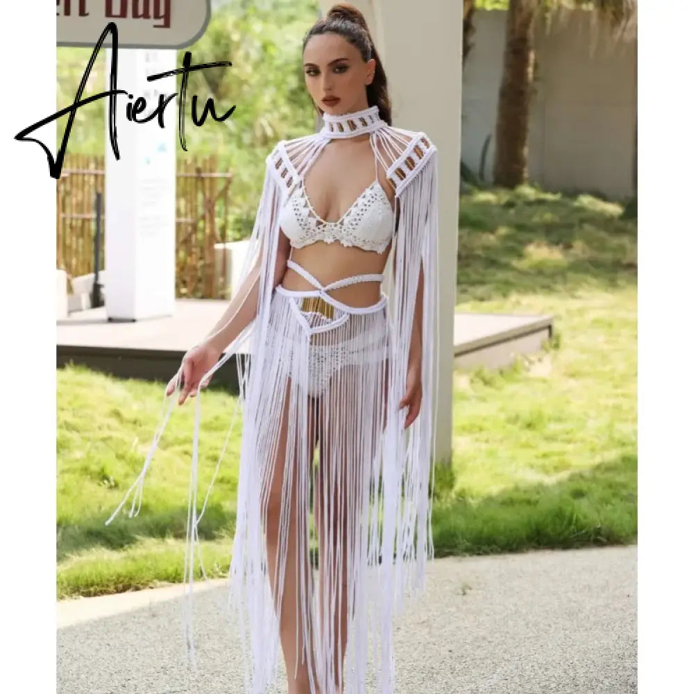 Tassel Hand Crochet Knitted Women Bikini Cover Ups 2023 Summer Holiday Beach Bathing Suit Sexy Hollow Out Skirts Matching Set Aiertu
