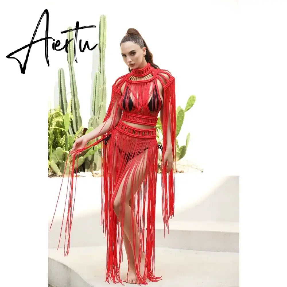 Tassel Hand Crochet Knitted Women Bikini Cover Ups 2023 Summer Holiday Beach Bathing Suit Sexy Hollow Out Skirts Matching Set Aiertu