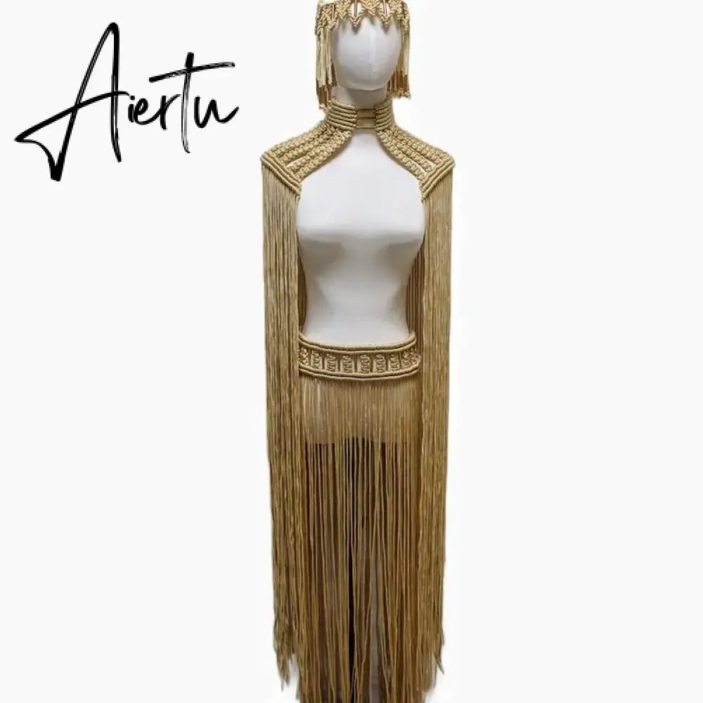 Tassel Hand Crochet Knitted Women Bikini Cover Ups 2023 Summer Holiday Beach Bathing Suit Sexy Hollow Out Skirts Matching Set Aiertu