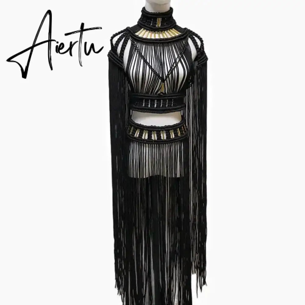 Tassel Hand Crochet Knitted Women Bikini Cover Ups 2023 Summer Holiday Beach Bathing Suit Sexy Hollow Out Skirts Matching Set Aiertu