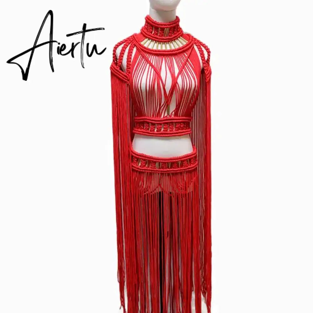 Tassel Hand Crochet Knitted Women Bikini Cover Ups 2023 Summer Holiday Beach Bathing Suit Sexy Hollow Out Skirts Matching Set Aiertu