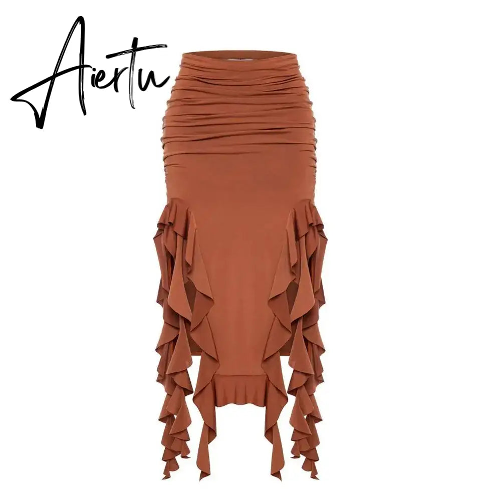 Tassel Summer Female Long Skirt Ruffled High Waist Broken High Split Fashion Pleated Sexy Solid Patchwork Maxi Skirt Aiertu