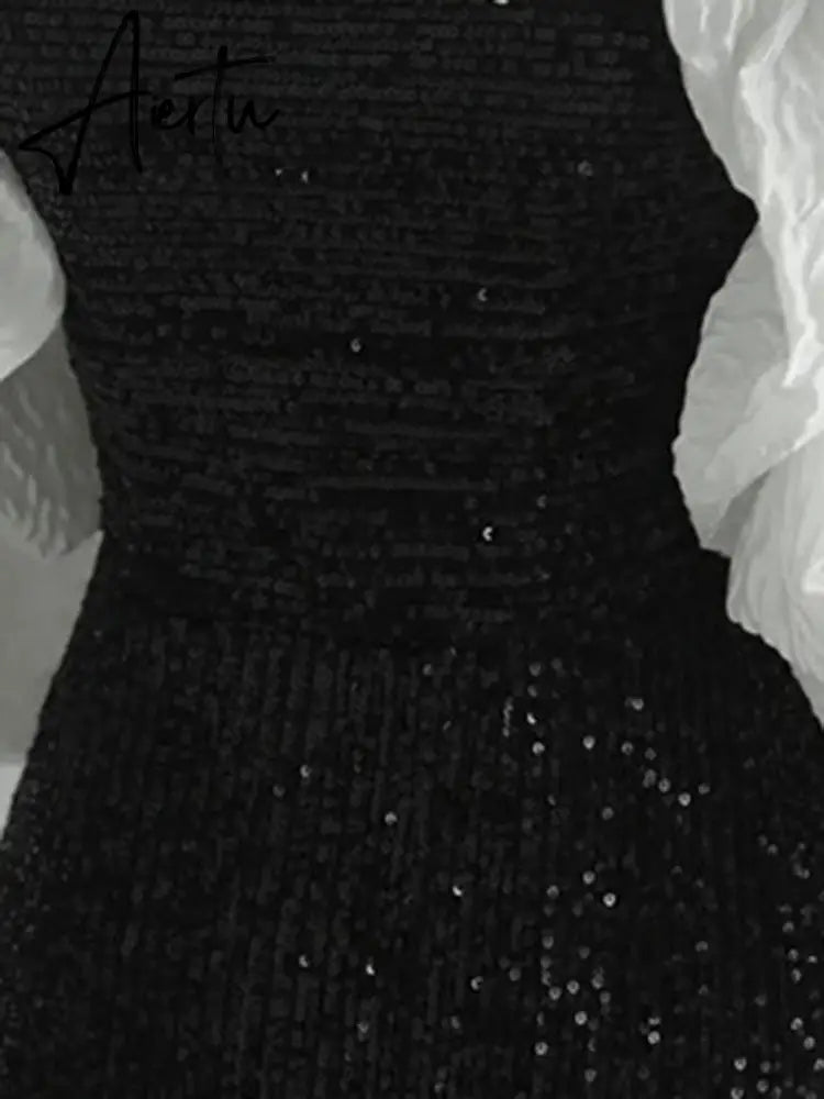 Temperament Women Slash Neck Puff Sleeve A-Line Fishtail Mid-calf Dress  Autumn Female Spliced Dinner Clothing Aiertu