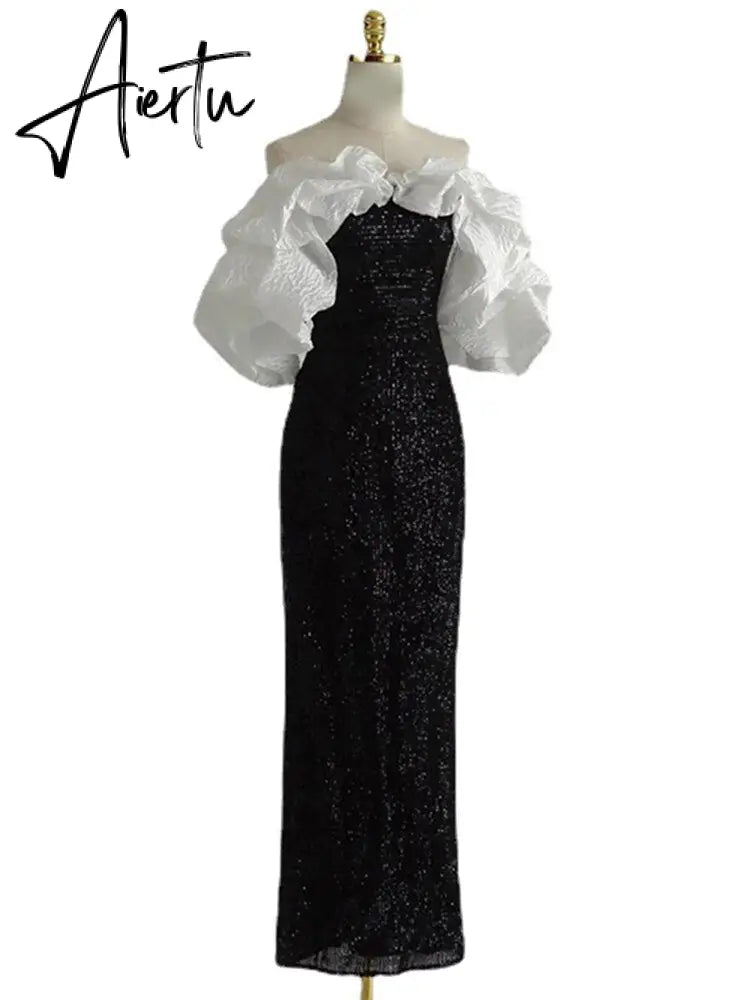 Temperament Women Slash Neck Puff Sleeve A-Line Fishtail Mid-calf Dress  Autumn Female Spliced Dinner Clothing Aiertu