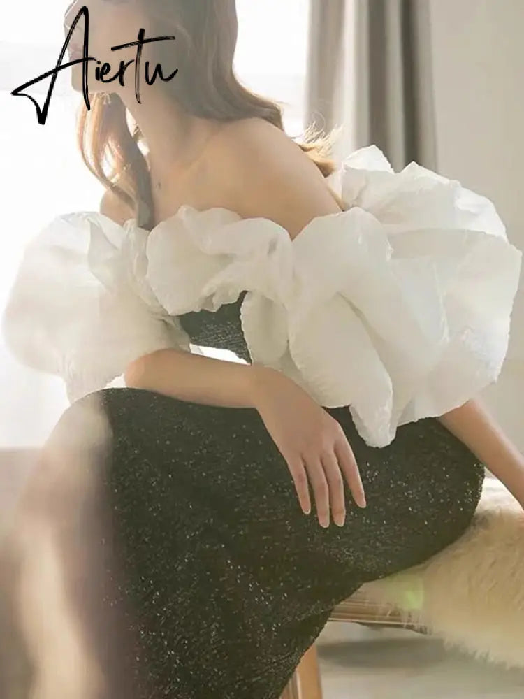Temperament Women Slash Neck Puff Sleeve A-Line Fishtail Mid-calf Dress  Autumn Female Spliced Dinner Clothing Aiertu